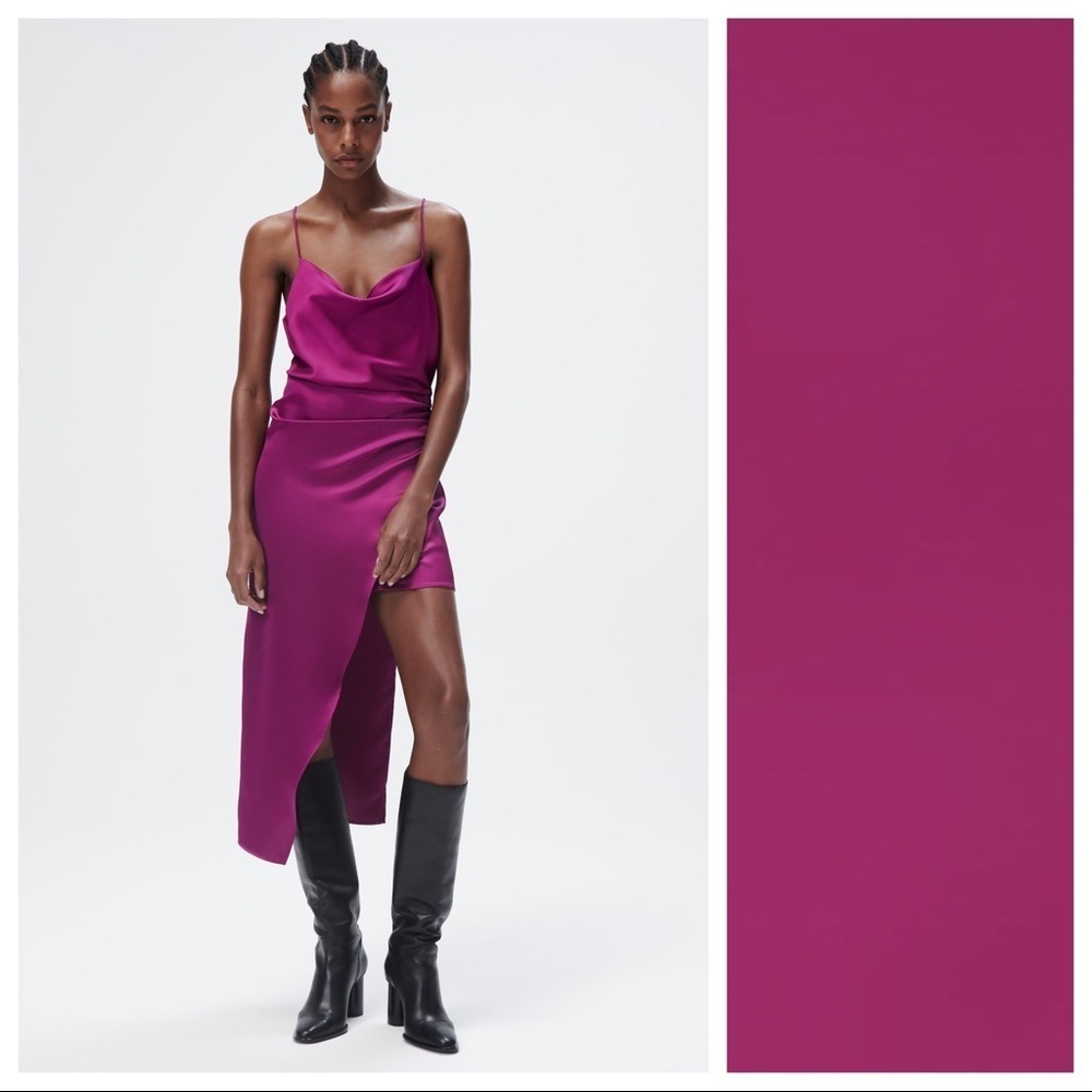 NWT. Zara Magenta Satin Effect Asymmetric Midi Dress. Size L.